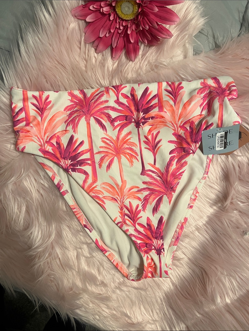 NWT Shade & Shore High-Waist Tropical Palm Print Bikini Bottoms - Pink & Coral